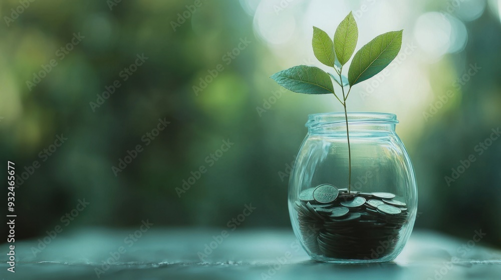 A Glass Jar Filled with Coins and a Growing Plant A Glass Jar Filled with Coins and a Growing Plant
