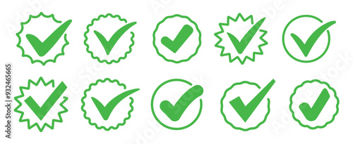 Collection of green check marks. Green tick. Correct. Trendy icons. Hand drawn. Doodle. Vector. Grunge textures. Brush. Ok. Verified. Textbox and checkbox. Frame vote. Button. Yes. Flat. 