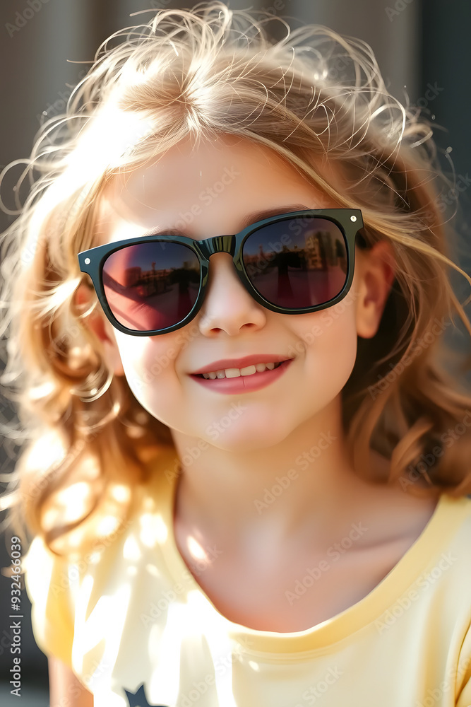 A young girl wearing stylish sunglasses, smiling confidently. She has a playful expression. A young girl wearing stylish sunglasses, smiling confidently. She has a playful expression.