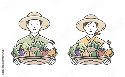 野菜の盛り合わせを抱えている農家の男性と女性