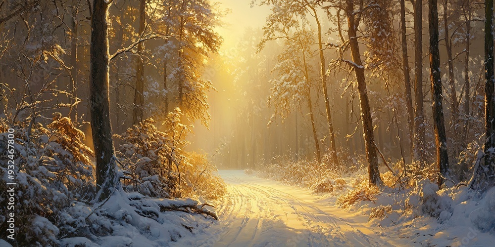 A serene winter forest scene with a snow-covered path illuminated by the golden light of sunrise, creating a magical atmosphere. A serene winter forest scene with a snow-covered path illuminated by the golden light of sunrise, creating a magical atmosphere.