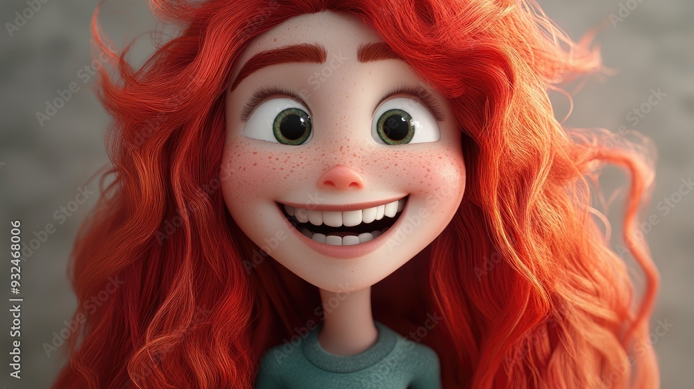 Obraz premium 3D Cartoon Character with Long Red Hair and a Big Smile Close Up Studio Shot
