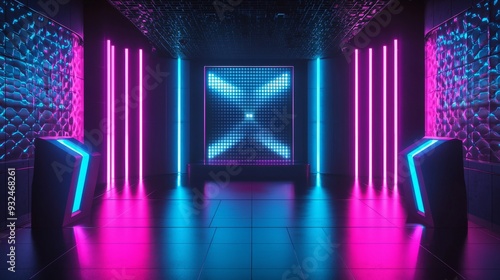 A futuristic game show stage, bathed in neon blue and pink, shines brightly. Modern technology meets sleek design on a neon-lit game show stage, ready for action.