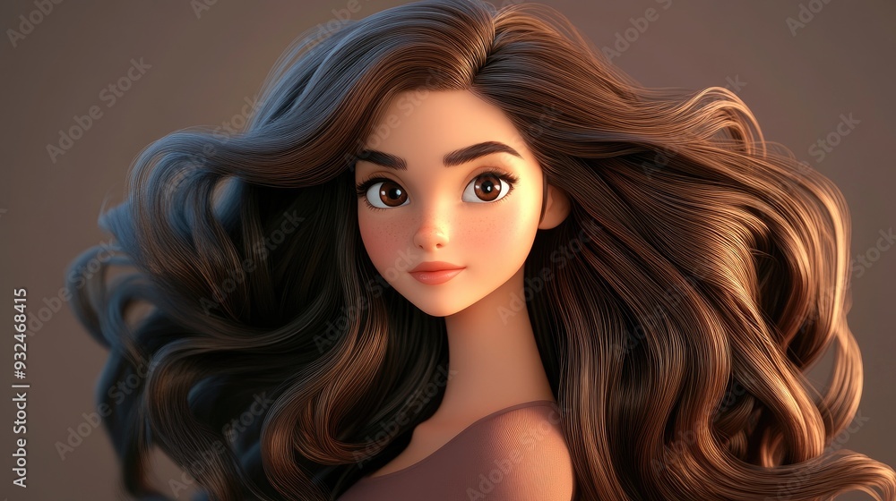 3D Cartoon of a Brunette Woman with Long Flowing Hair 3D Cartoon of a Brunette Woman with Long Flowing Hair