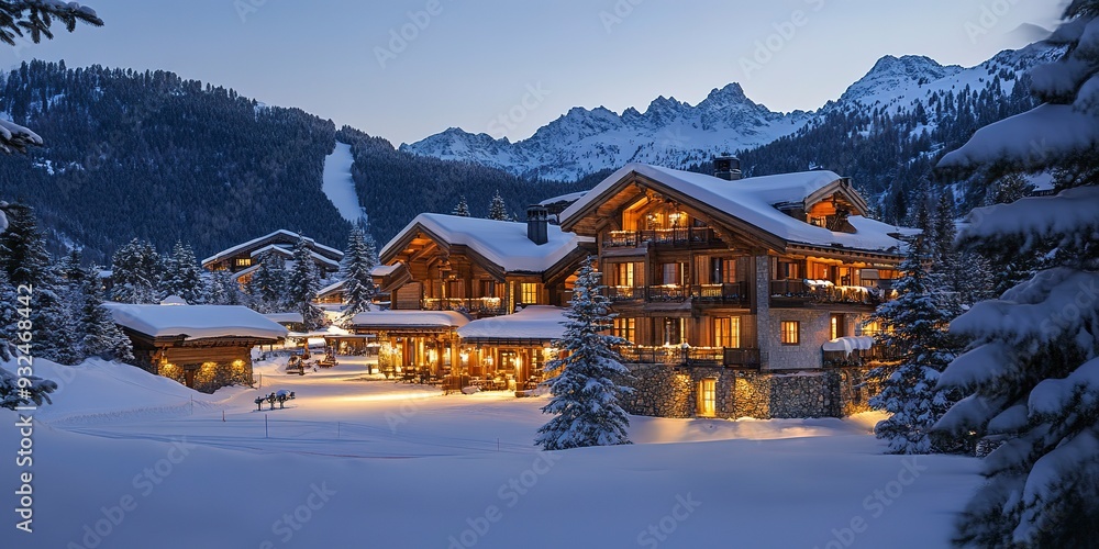 Naklejka premium Opulent ski resort with world-class slopes, luxurious chalets, and premium après-ski activities for a lavish winter escape