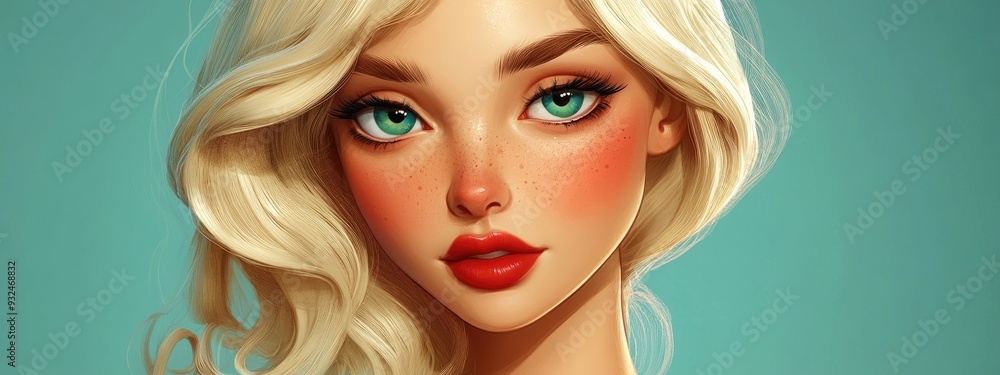 Fototapeta premium 3D Cartoon Portrait of a Beautiful Lady with Blonde Hair and Vibrant Makeup