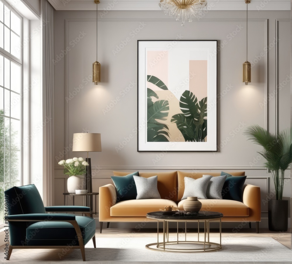 poster frame mock-up on modern living room interior. minimalist fucnitures poster frame mock-up on modern living room interior. minimalist fucnitures