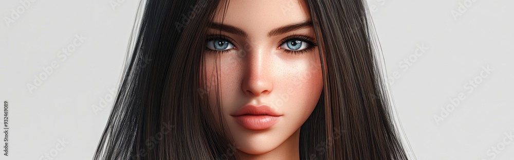 3D Cartoon Portrait of a Natural Sensual Character with Long Straight Hair on a Soft Gray Background 3D Cartoon Portrait of a Natural Sensual Character with Long Straight Hair on a Soft Gray Background