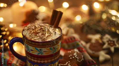 A gingerbread latte in a cozy cafe setting, adorned with festive garnishes and a warm presentation for a delightful coffee experience.