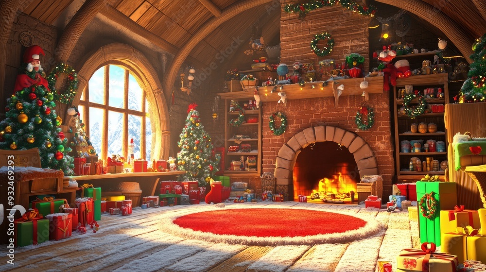 Obraz premium 3D Cartoon Santa s Workshop Interior with Empty Space for Your Ideas