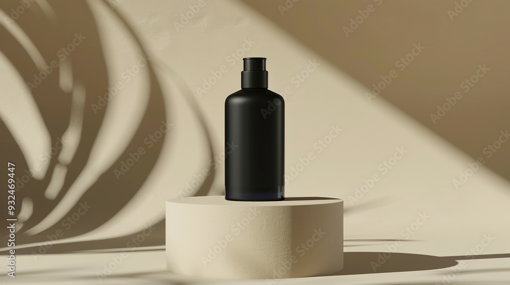 Black Bottle of Product on a Beige Platform with Leaf Shadows Black Bottle of Product on a Beige Platform with Leaf Shadows