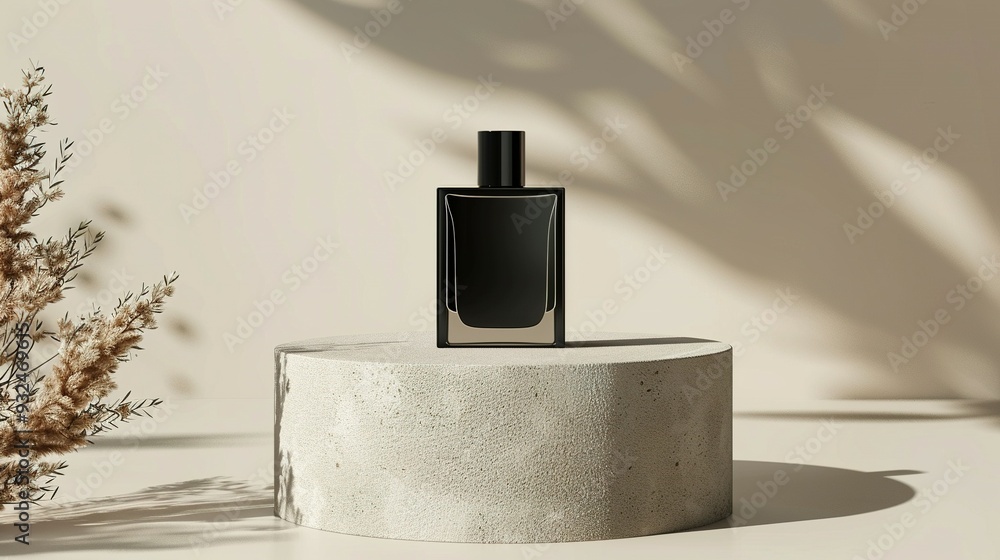 Black Perfume Bottle on a Concrete Platform with Dried Flowers and Sunlit Shadows Black Perfume Bottle on a Concrete Platform with Dried Flowers and Sunlit Shadows