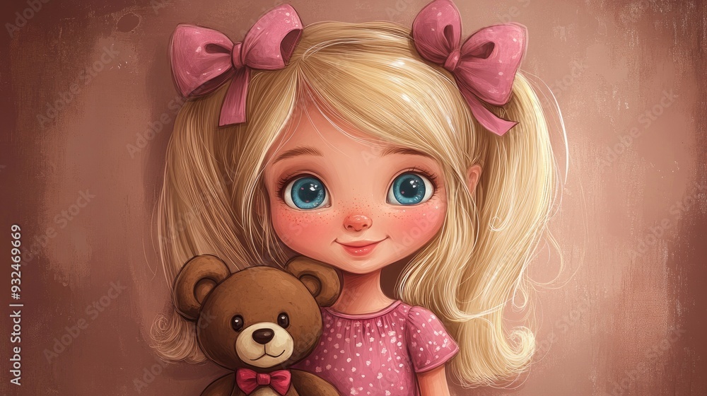 Fototapeta premium Blonde Girl Cartoon with Big Bow and Teddy Bear