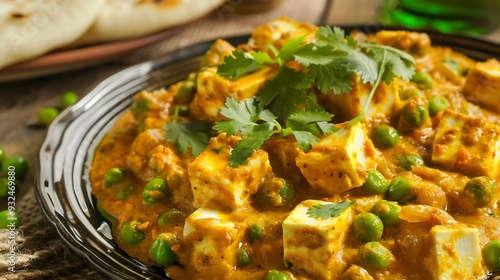 Vibrant plate of matar paneer garnished with fresh coriander and served with warm naan bread photo