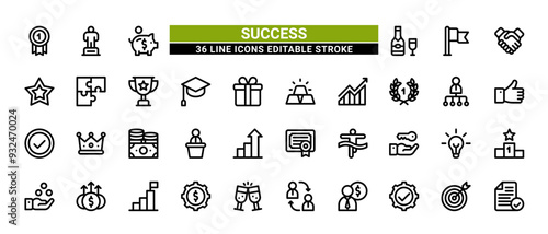 36 Success Line Icons Set Pack Editable Stroke Vector Illustration.