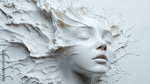 Fototapeta Naklejka Na Ścianę i Meble -  Abstract portrait of a woman's face made of white paint or liquid.