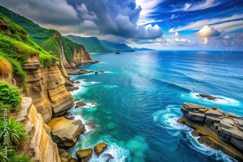 tourism, scenic, cliffs, ambiance, blue sea, ocean, coastline, natural formation, The blue sea in Hualian Ching shui Cliff Taiwan with breathtaking natural formation and serene ambiance photo