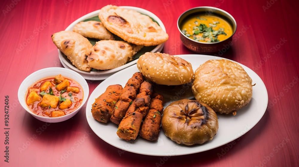 Vibrant spread of Indian street food featuring Bhopali Kebabs Aloo Kachori and a side of tangy tamarind chutney Vibrant spread of Indian street food featuring Bhopali Kebabs Aloo Kachori and a side of tangy tamarind chutney