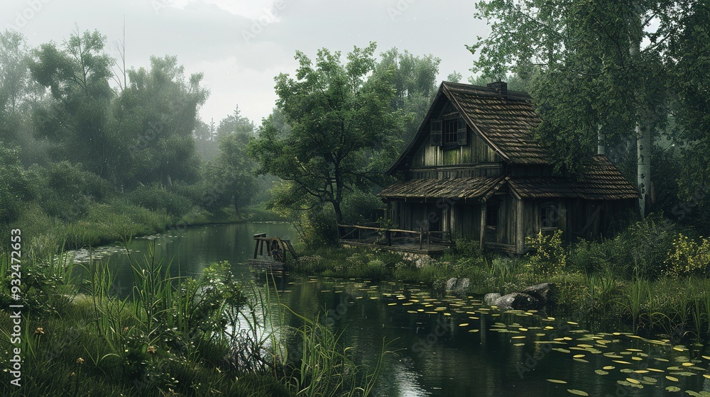 A Rustic Wooden Cabin Nestled in a Foggy Forest Beside a River A Rustic Wooden Cabin Nestled in a Foggy Forest Beside a River