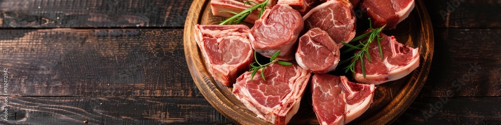 Collection of uncooked lamb cuts displayed on a rustic wooden tray Collection of uncooked lamb cuts displayed on a rustic wooden tray