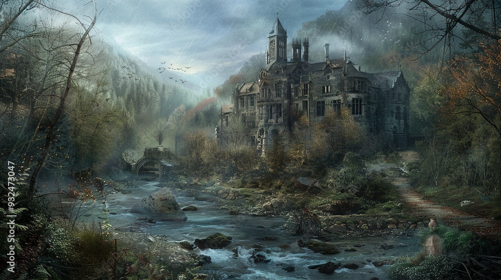 A Stone Mansion nestled in a misty, forested valley with a rushing river. A Stone Mansion nestled in a misty, forested valley with a rushing river.