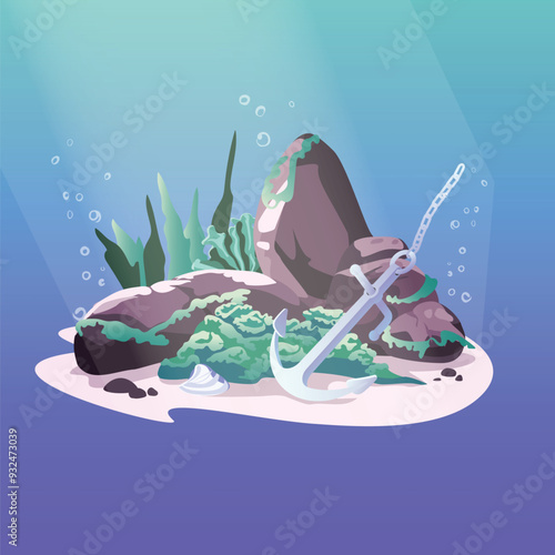 Underwater background. Ocean floor with stones and corrals, algae, and fish. Vector illustration