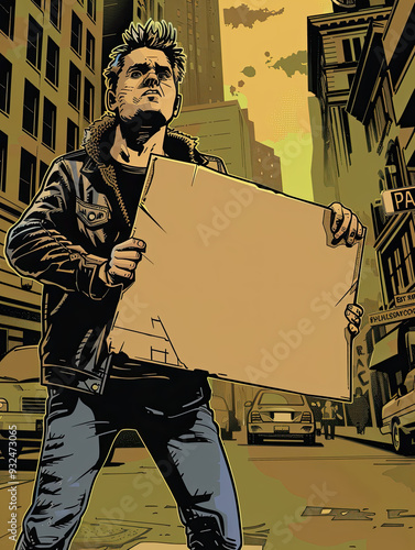A man in a leather jacket stands on a gritty city street corner, holding a blank sign in a retro comic panel.