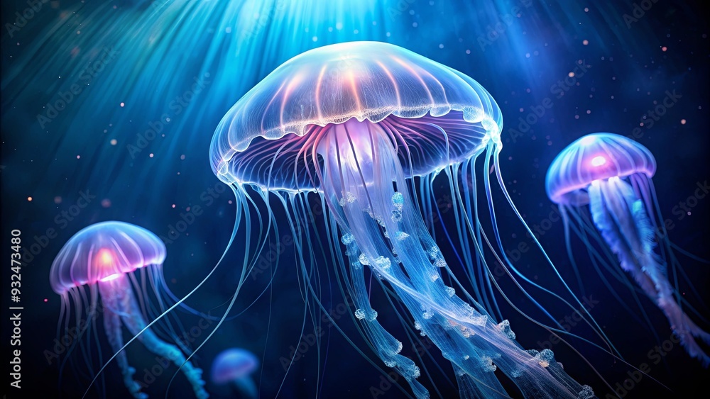 Glowing jellyfish floating in the dark waters of the ocean, night, underwater, bioluminescent, marine life Glowing jellyfish floating in the dark waters of the ocean, night, underwater, bioluminescent, marine life