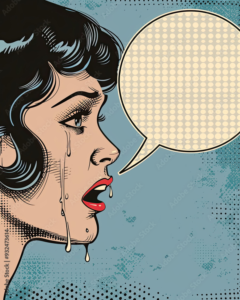 A woman crying in a soft pastel-toned bedroom, with tears streaming down her face and a blank speech bubble.