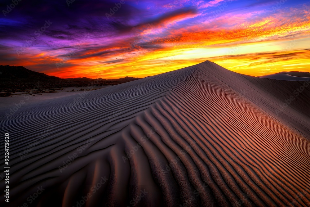Naklejka premium Majestic desert sand dune bathed in warm hues of sunset, showcasing the intricate patterns of shifting sands under a vibrant sky.