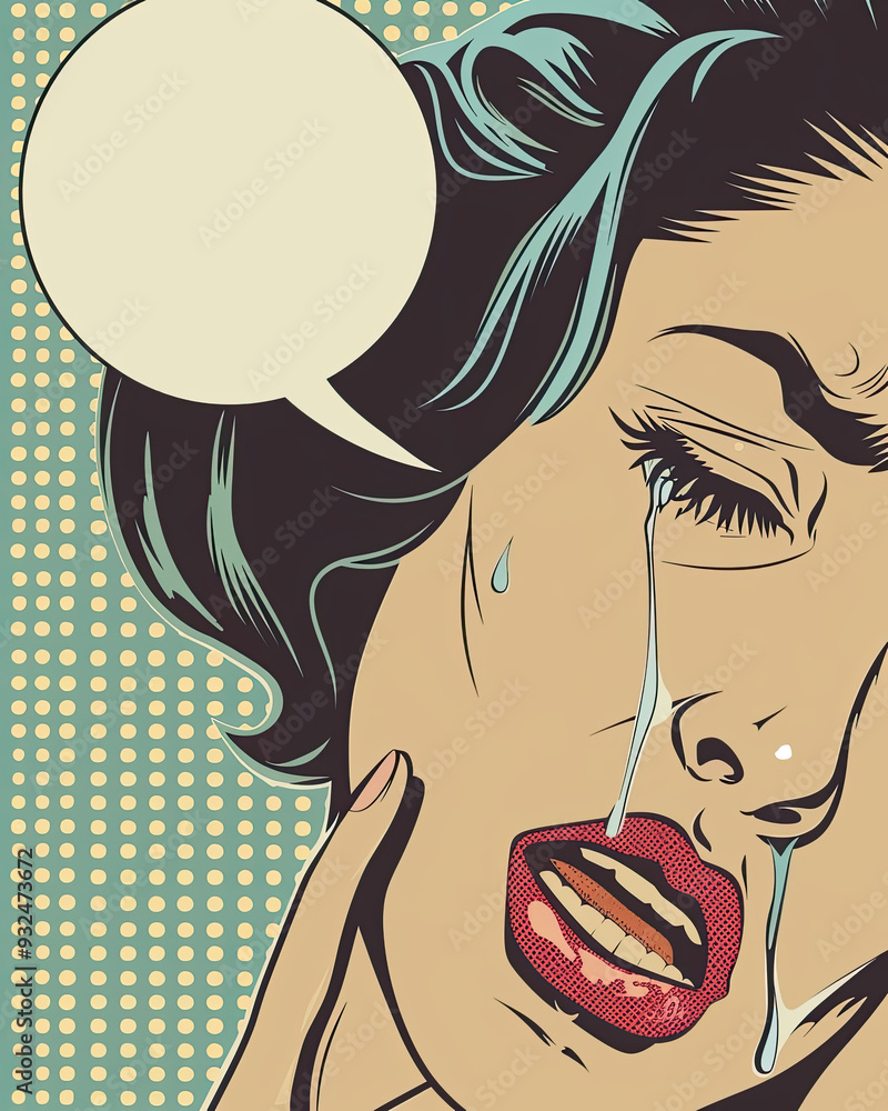 A crying woman with a blank speech bubble stands in a soft pastel-colored bedroom in a retro comic scene.