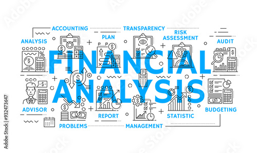 Financial analysis, tax revenue and budget accounting with finance audit, vector line icons. Finance analysis icons of risk assessment in business plan, budgeting and payment transactions transparency