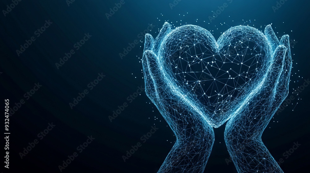 Digital vector 3d human hands holding heart symbol in dark blue. Charity, volunteering, social care concept. Abstract polygonal mesh wireframe with connected dots, lines, shapes looks like starry sky Digital vector 3d human hands holding heart symbol in dark blue. Charity, volunteering, social care concept. Abstract polygonal mesh wireframe with connected dots, lines, shapes looks like starry sky