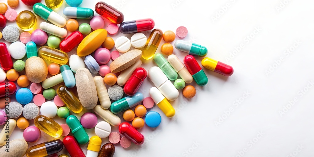 Various medications and pills arranged on a white background, pharmaceuticals, tablets, drugs, healthcare, medicine Various medications and pills arranged on a white background, pharmaceuticals, tablets, drugs, healthcare, medicine