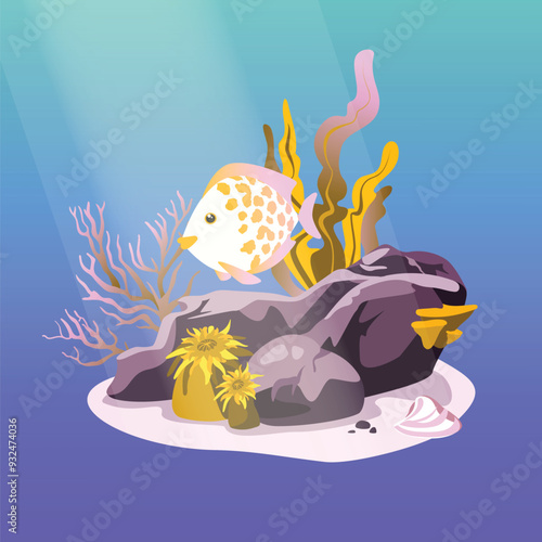 Underwater background. Ocean floor with stones and corrals, algae, and fish. Vector illustration