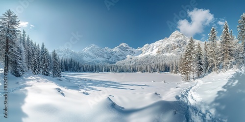 Majestic Winter Wonderland: Panoramic View of Snowy Mountain Landscape with Frozen Lake, Snow-Covered Pine Trees, and Clear Blue Sky 