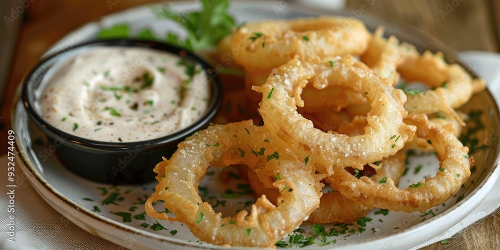 Plate of onion rings with a side of garlic aioli dip Plate of onion rings with a side of garlic aioli dip