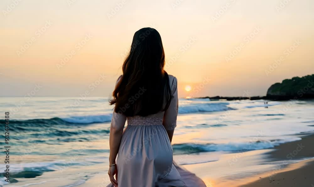 Vietnamese Woman Walking on Beach at Sunset Vietnamese Woman Walking on Beach at Sunset