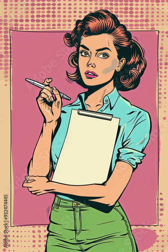 Retro comic scene of a woman in a vintage secretary outfit, holding a blank notepad and pen, set in a pastel office.