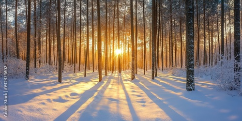 The snow-covered forest at sunrise, with tall trees casting long shadows on the ground and a golden sun peeking through them.