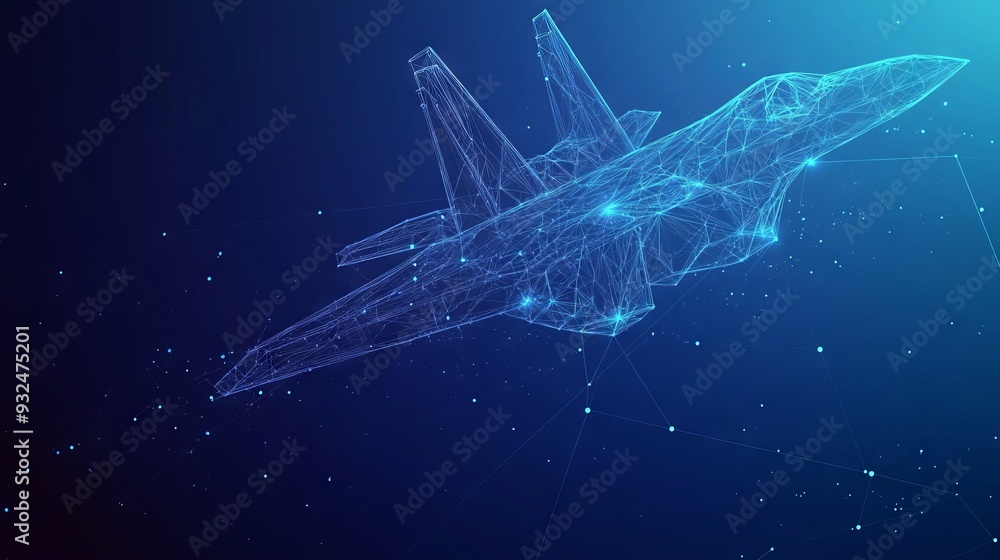 Fighter jet in flight from abstract polygonal points blue. Low poly fighter in motion, lines and connected to form, vector illustration Fighter jet in flight from abstract polygonal points blue. Low poly fighter in motion, lines and connected to form, vector illustration