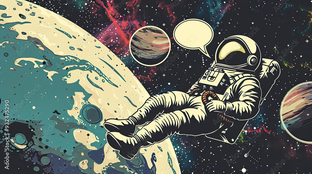 An astronaut floats weightlessly in space with a blank thought bubble, surrounded by stars and planets in a retro comic strip.