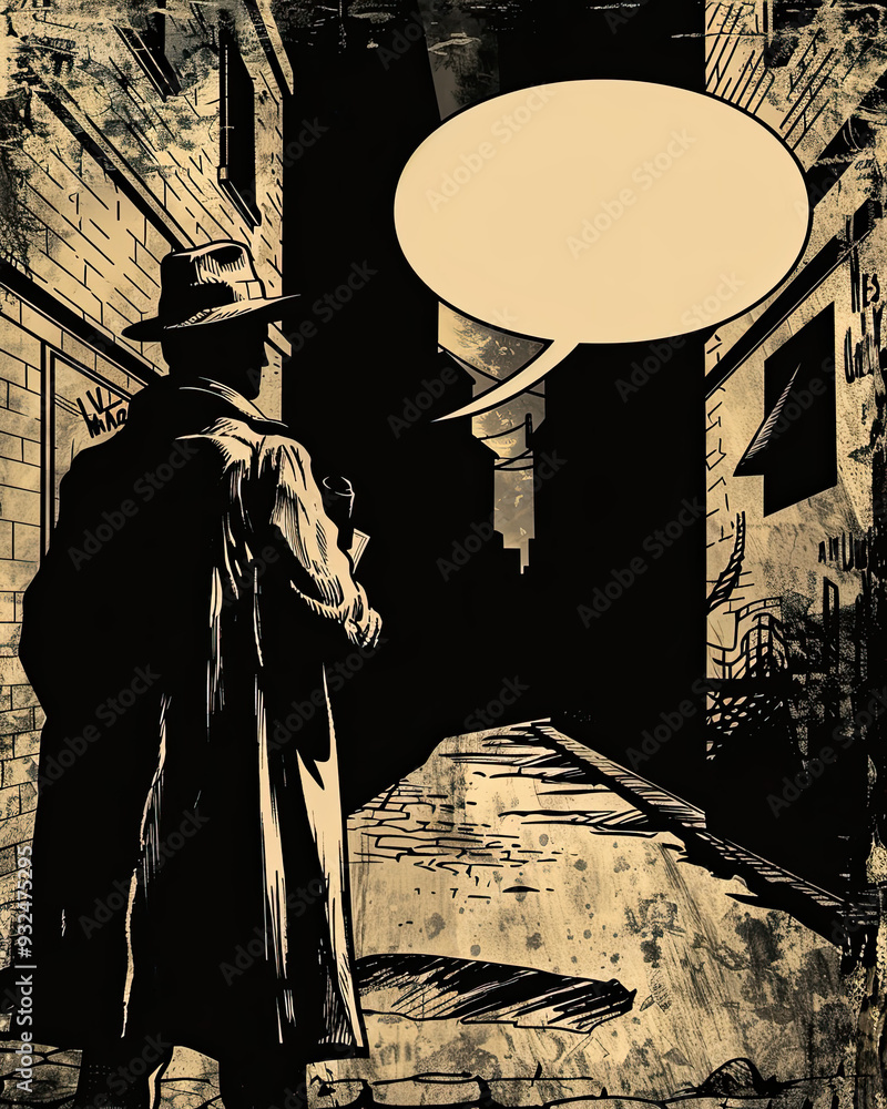 Retro comic panel of a detective in a muted, shadowy alley, inspecting a clue with a blank speech bubble overhead.