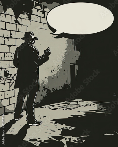 Obraz na płótnie A detective in a noir setting inspects a clue in an alley, heavy shadows cast, with a blank speech bubble in a retro comic scene. w salonie
