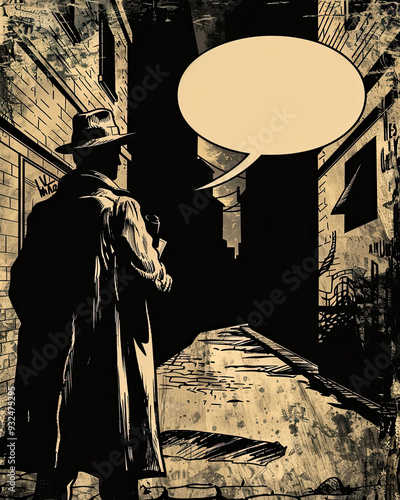 Retro comic panel of a detective in a muted, shadowy alley, inspecting a clue with a blank speech bubble overhead. photo