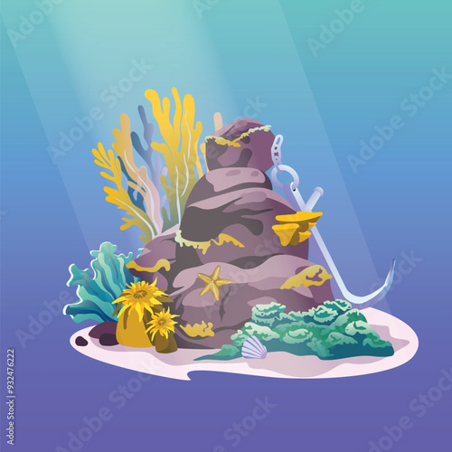 Underwater background. Ocean floor with stones and corrals, algae, and fish. Vector illustration