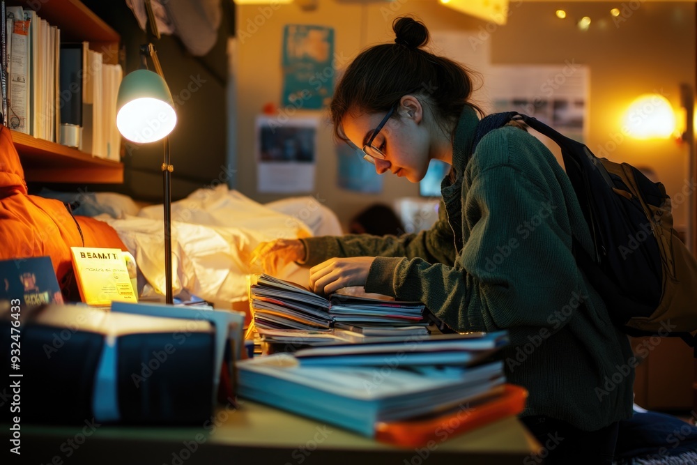 A student setting up a desk lamp and organizing textbooks, preparing a comfortable and efficient study area in their dorm room A student setting up a desk lamp and organizing textbooks, preparing a comfortable and efficient study area in their dorm room