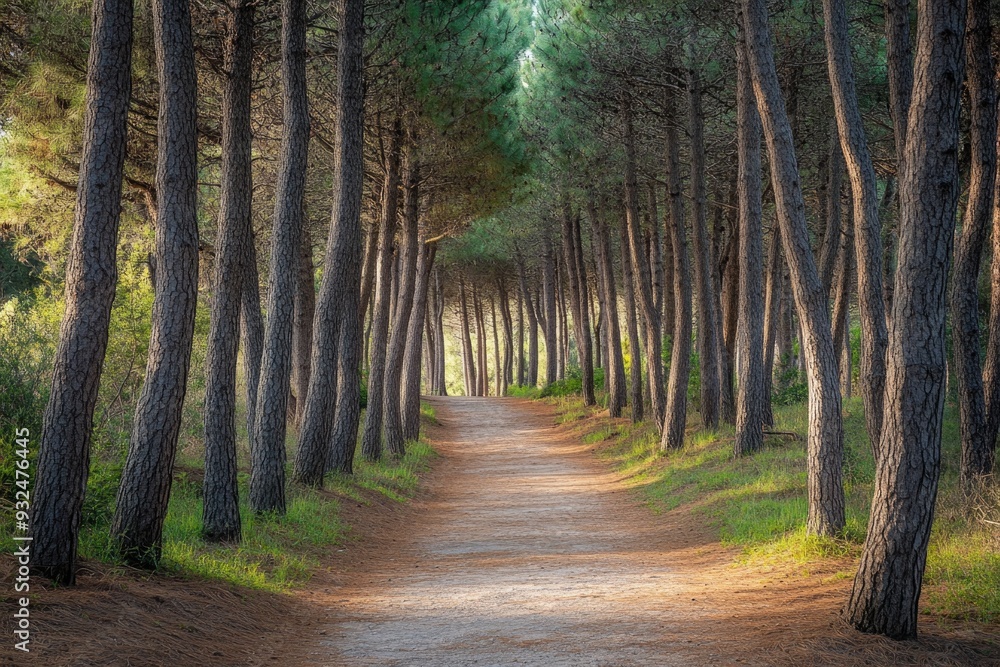 Fototapeta premium Pathway through pine forest park, inviting and serene for a stroll