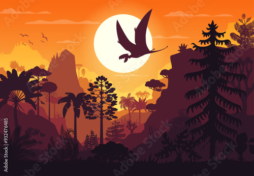 Flying prehistoric dinosaur silhouette at vivid and lush sunset prehistoric landscape. Vector background with shadow of pterosaur soaring above ancient trees, rocks and fern plants at orange dusk sky