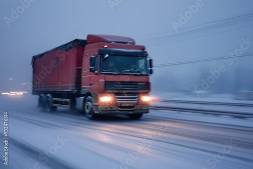 Transport truck captured in motion on a snowy evening, with motion blur adding drama and emphasizing its resilience in adverse weather conditions